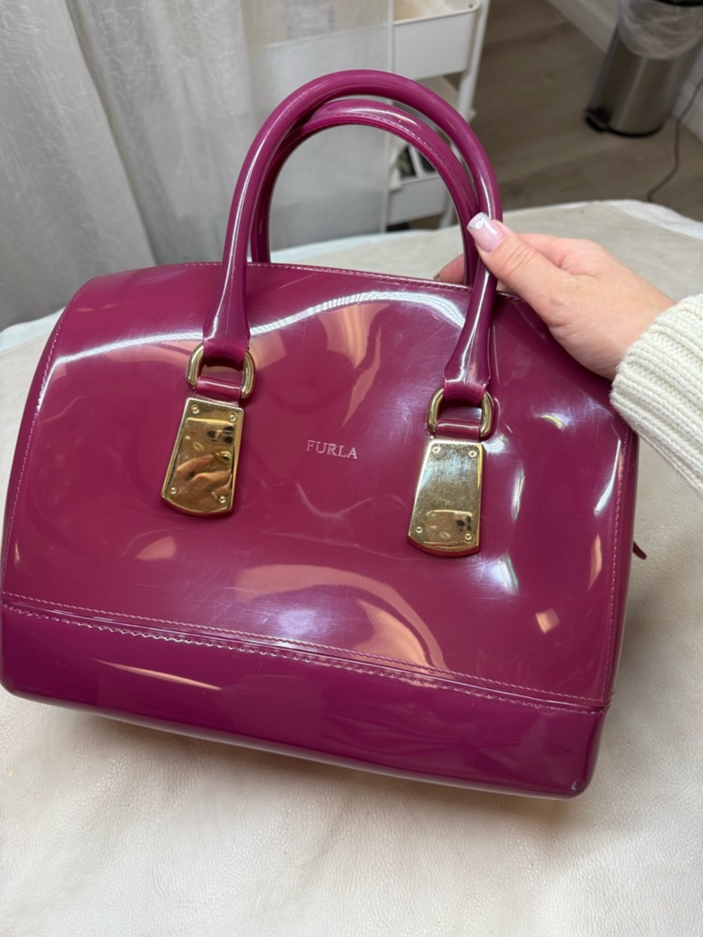 Furla Glossy Patent Satchel in Fuchsia with Gold Hardware